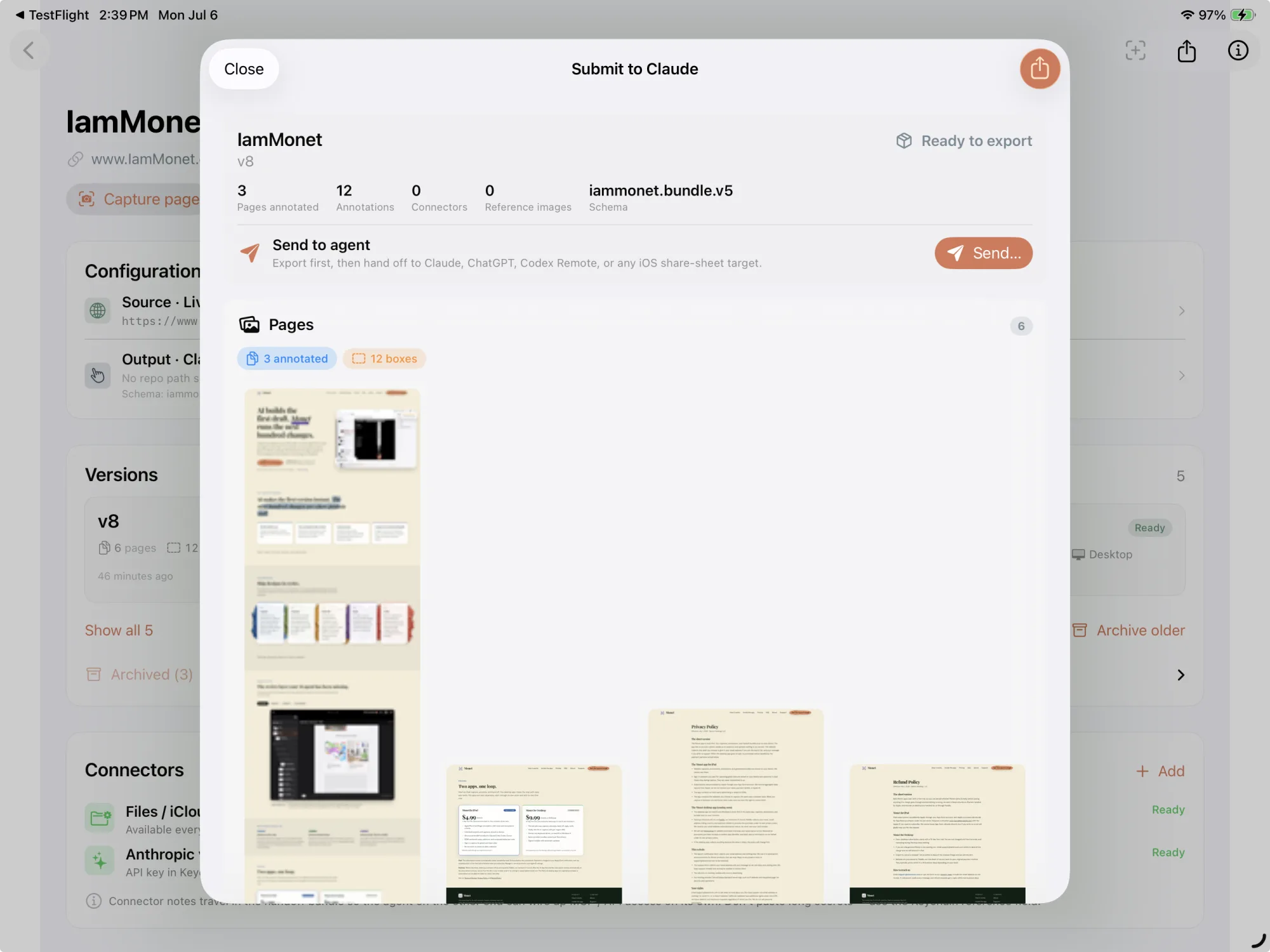 Monet's Submit to Claude sheet on iPad: three pages annotated, twelve annotations, schema iammonet.bundle.v5, ready to export and send to an agent.