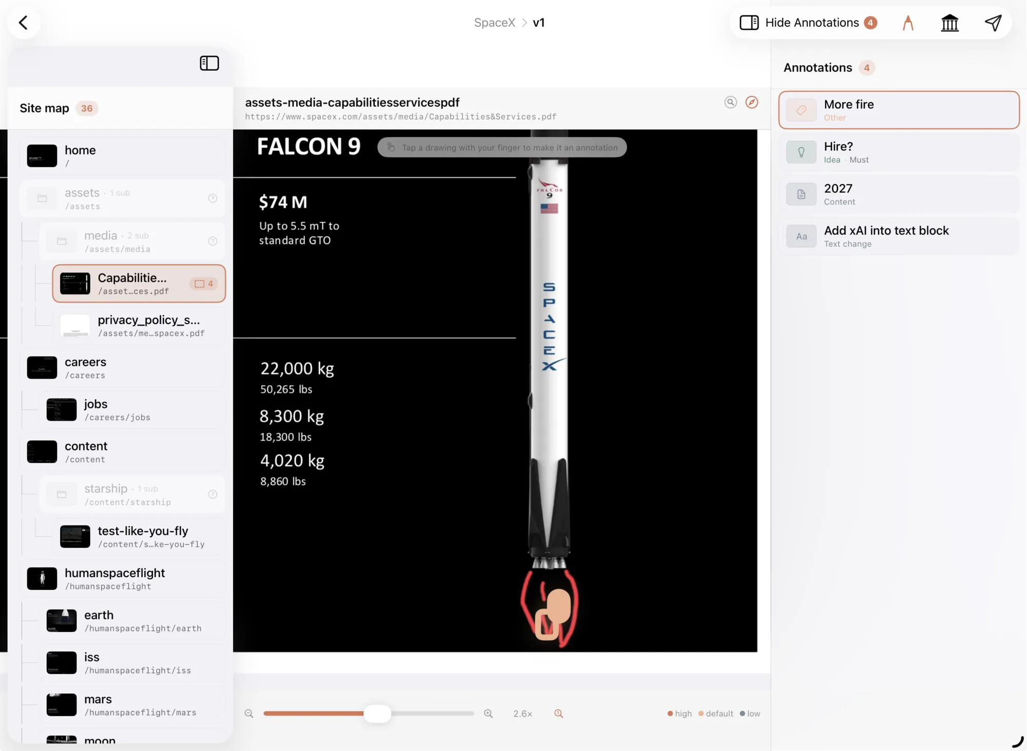 Monet on iPad: the SpaceX site captured in the three-pane annotator, with an Apple Pencil sketch on the rocket and four typed annotations listed on the right