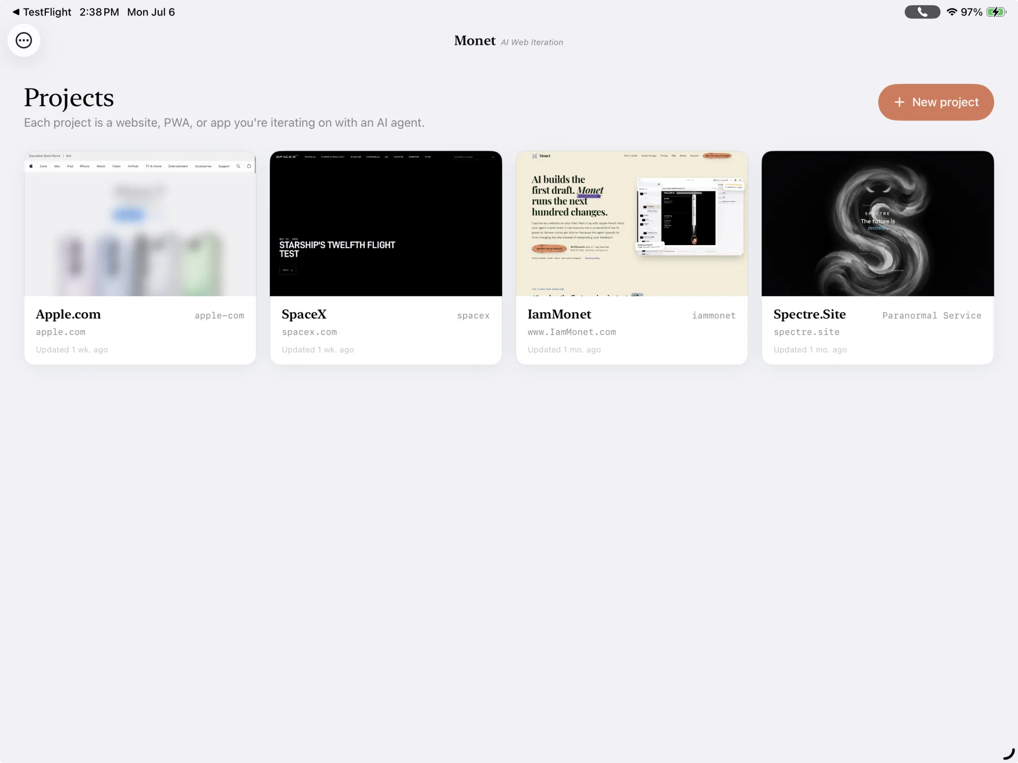 Monet's Projects screen on iPad: cards for Apple.com, SpaceX, IamMonet, and Spectre.Site, each with a live thumbnail and a last-updated time.